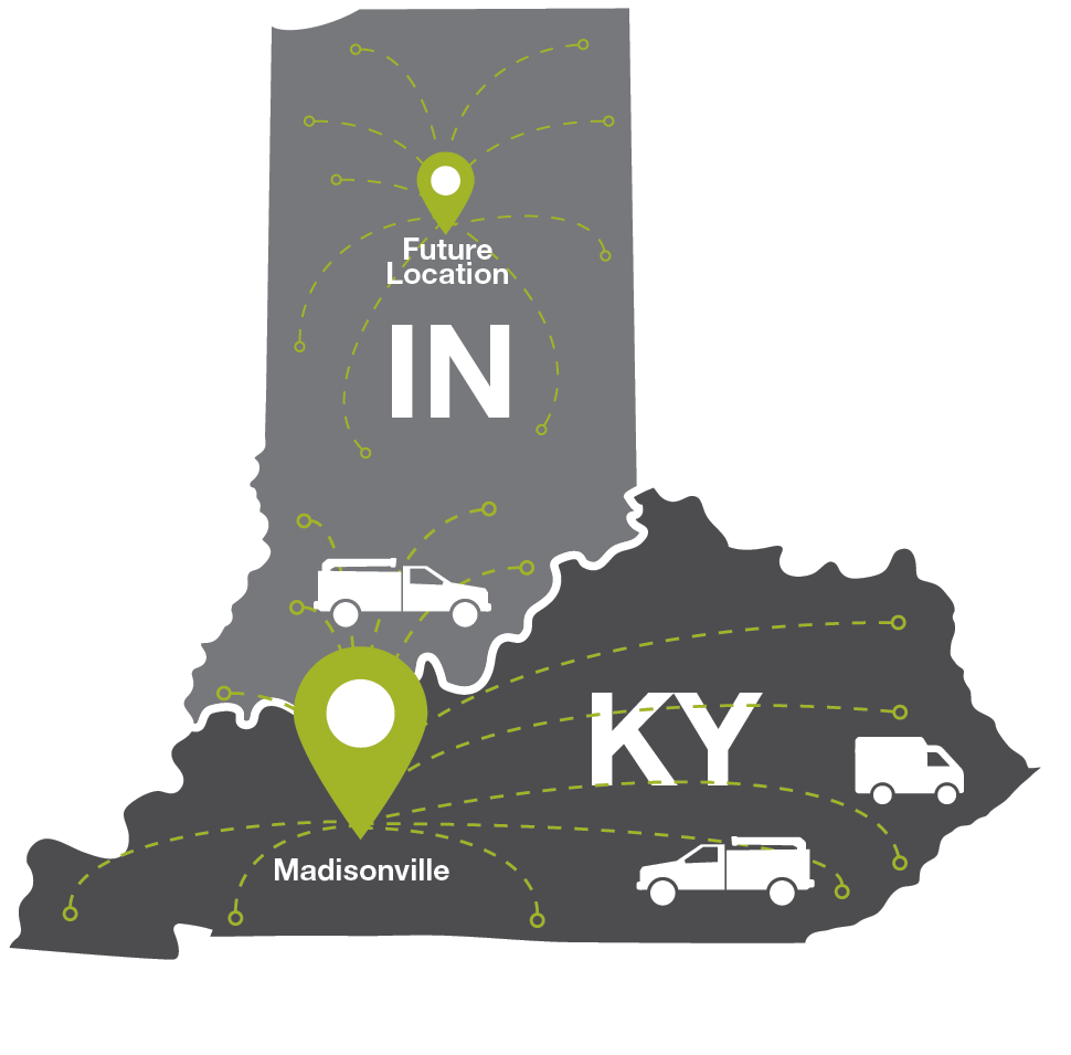 Map of Indiana and Kentucky showing the Madisonville CLAAS FARMPOINT location